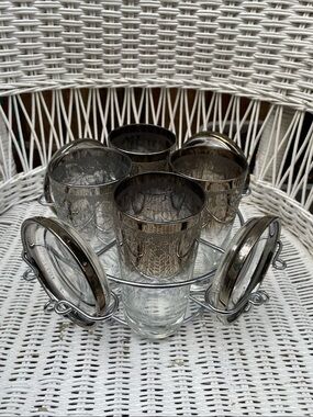 4 Vintage Silver-Trimmed Glass Tumbler Set with Coasters and Carrier